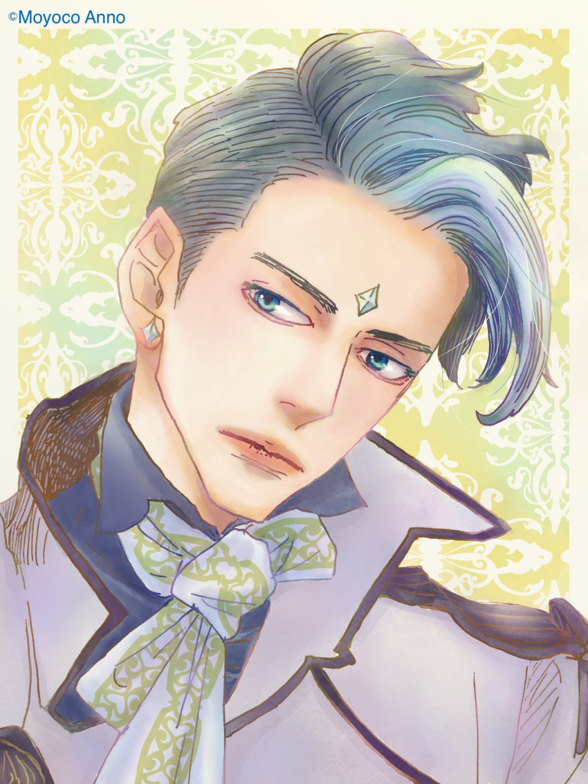 1boy, anno_moyoco, artist_name, blue_eyes, blue_shirt, closed_mouth, earrings, facial_mark