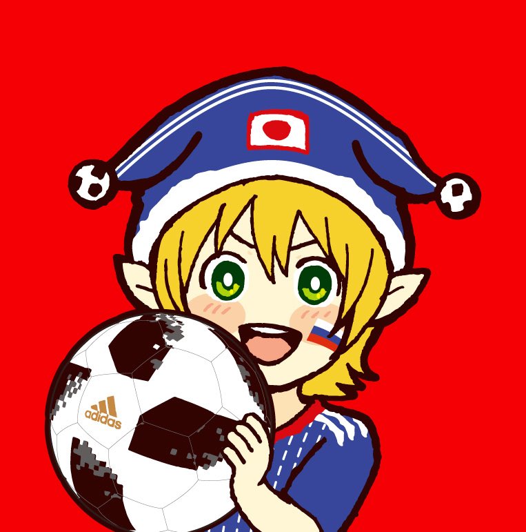 1boy, adidas, alternate_costume, bad_id, bad_pixiv_id, ball, blonde_hair, blue_hat, blue_shirt, blush_stickers, bright_pupils, dwarf_(grimms_notes), flag_tattoo, green_eyes, grimms_notes, hair_between_eyes, hat, holding, holding_ball, looking_at_viewer, male_focus, misoshiru_umai4, pointy_ears, shirt, short_hair, smile, soccer_ball, solo, tattoo, teeth, tongue, translation_request, upper_body, upper_teeth_only, v-shaped_eyebrows, white_pupils