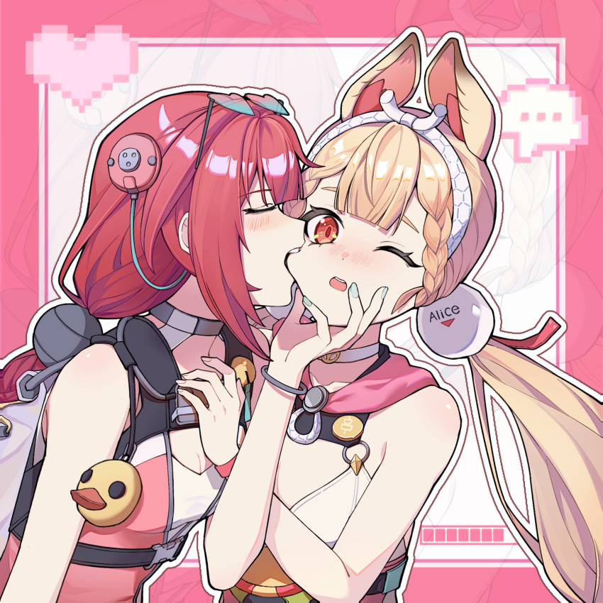 2girls, alice_thymefield, alice_thymefield_(sea_of_thyme), animal_ears, bare_shoulders, blonde_hair, blush, braid