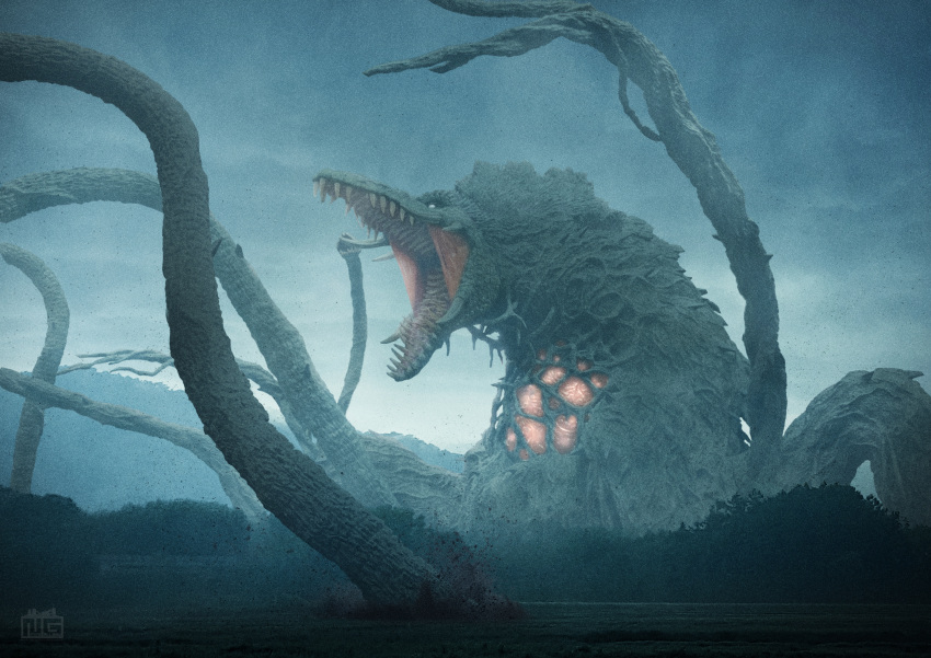 1girl, artist_name, biollante, clouds, commentary_request, composite, core, diorama, dirt, extra_mouth, fangs, figure_(medium), forest, giant, giant_monster, glowing, godzilla_(series), godzilla_vs._biollante, grass, highres, ito_nobuhiko, kaiju, morning, nature, no_humans, no_pupils, open_mouth, outdoors, photo_(medium), photo_background, photoshop_(medium), plant_monster, plant_roots, sharp_teeth, sky, solo, spines, teeth, tentacles, tree, veins, white_eyes