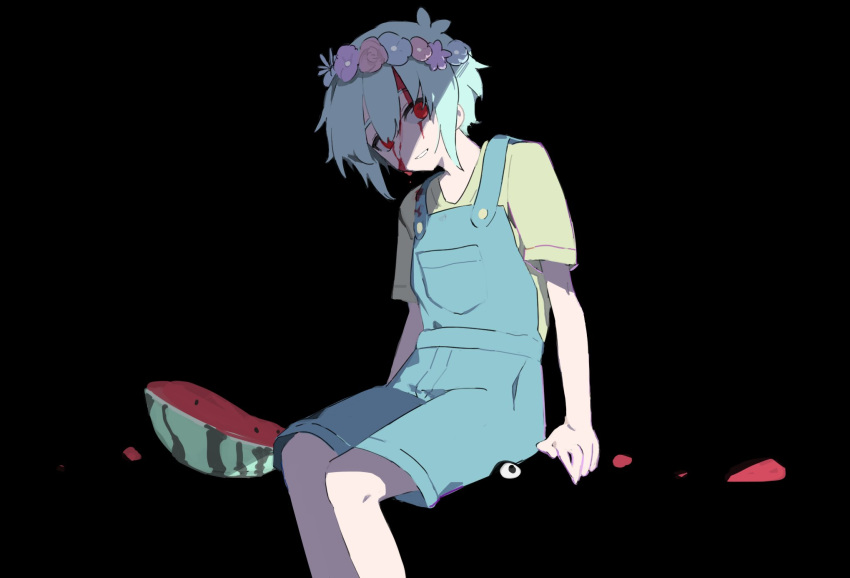 1boy, alternate_eye_color, antenna_hair, arm_support, basil_(headspace)_(omori), basil_(omori), black_background, blood