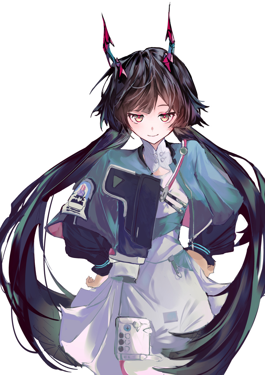 1girl, absurdres, arknights, arknights:_endfield, black_hair, blue_jacket, chen_qianyu_(arknights), closed_mouth, commentary_request, cowboy_shot, dress, green_eyes, hands_on_own_hips, highres, horns, jacket, long_hair, long_sleeves, looking_at_viewer, multicolored_eyes, open_clothes, open_jacket, simple_background, smile, solo, standing, twintails, two-tone_eyes, wawawa_chi, white_background, white_dress, yellow_eyes