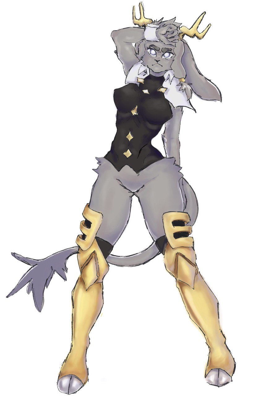 1girl, animal_legs, antlers, armored_boots, armored_legwear, black_shirt, boots, bottomless
