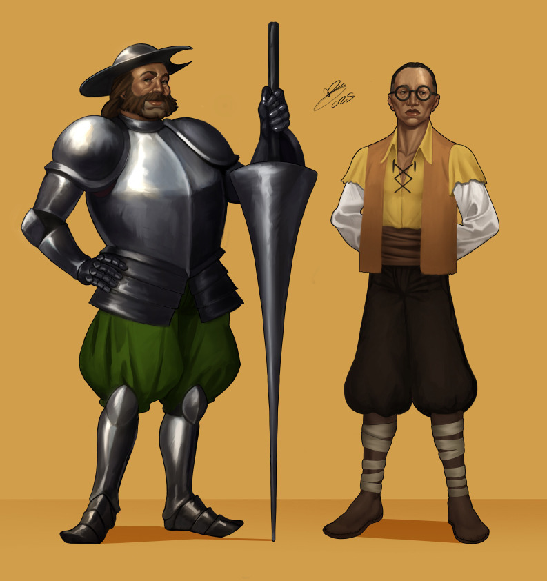 2boys, alternate_costume, armor, arms_behind_back, baggy_pants, bandaged_leg, bandages, black_hair