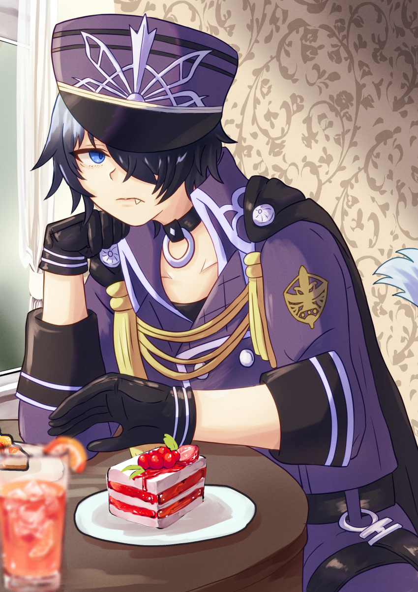 1boy, absurdres, black_hair, blue_eyes, cake, cape, choker, closed_mouth