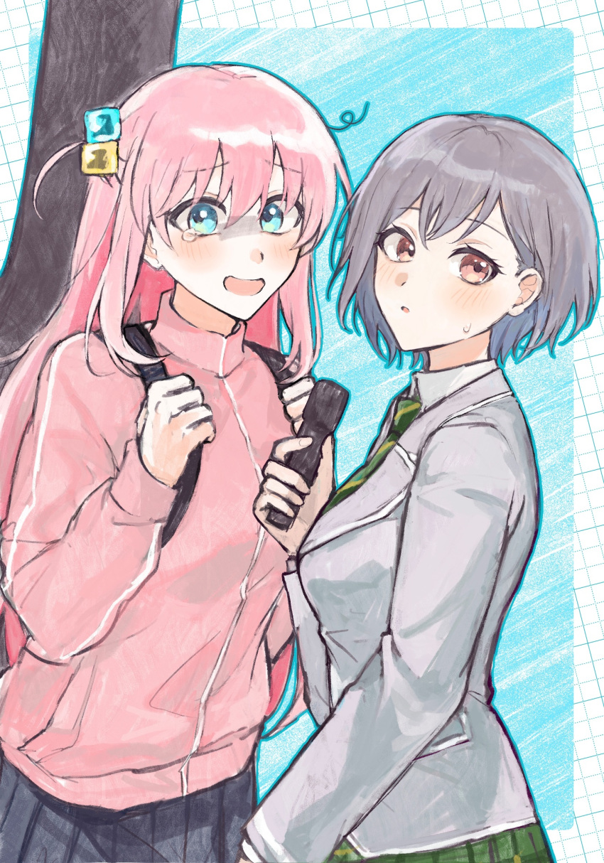bang_dream!, bang_dream!_it's_mygo!!!!!, black_skirt, blue_eyes, bocchi_the_rock!, gotoh_hitori, grey_hair, guitar_case, hair_ornament, hairpin, haneoka_school_uniform, highres, holding, holding_microphone, hood, hoodie, immmso_ko, instrument_case, long_hair, looking_at_viewer, looking_to_the_side, microphone, panicking, pink_eyes, pink_hair, pink_hoodie, school_uniform, short_hair, simple_background, skirt, sweatdrop, takamatsu_tomori, tearing_up