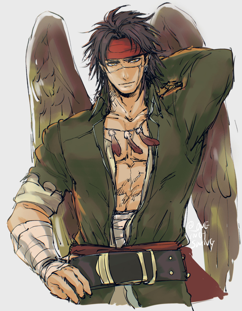 1boy, bandaged_arm, bandaged_stomach, bandages, belt, bilingual_commentary, bird_wings, black_belt