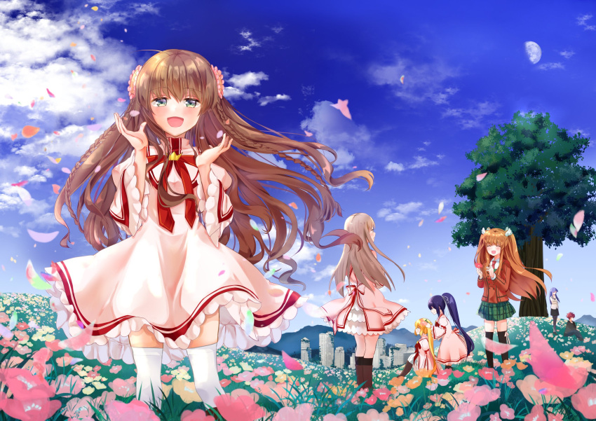 1boy, 6+girls, :d, ^_^, ahoge, black_hair, black_thighhighs, blonde_hair