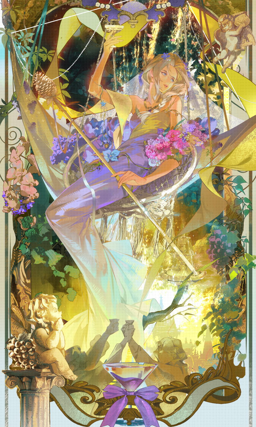 1girl, absurdres, blonde_hair, blue_flower, bouquet, bow, braid, cup