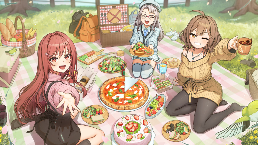 3girls, :d, ^_^, absurdres, ahoge, animal, anis_(nikke), apple, arm_support, backpack, bag, baguette, beret, bird, black_pantyhose, black_skirt, black_socks, blue_necktie, blurry, blurry_background, bowsan, bra_strap, bread, breasts, brown_eyes, brown_hair, brown_sweater, cable_knit, cake, cardigan, cherry, choppy_bangs, closed_eyes, coffee, coffee_mug, collared_shirt, commentary_request, cup, curtained_hair, day, depth_of_field, double-parted_bangs, doughnut, dress, fingernails, food, fruit, goddess_of_victory:_nikke, grapes, grass, green_apple, green_bird, grey_cardigan, grey_hair, grey_hat, grin, hair_intakes, hair_ornament, hairclip, hand_up, hat, highres, holding, holding_cup, holding_plate, kneehighs, knife, lemon, lemon_slice, long_hair, medium_hair, miniskirt, mug, multiple_girls, necktie, neon_(nikke), no_shoes, off-shoulder_dress, off_shoulder, one_eye_closed, open_mouth, orange_(fruit), orange_nails, outdoors, pantyhose, parallel_hairclips, picnic, picnic_basket, picnic_blanket, pink_sweater, pizza, pizza_slice, plate, pleated_skirt, rapi_(nikke), reaching, reaching_towards_viewer, red_eyes, red_hair, ribbed_sweater, salad, sandwich, seiza, shirt, shoes, sitting, skirt, slice_of_life, smile, socks, splashing, strawberry, strawberry_cake, strawberry_slice, suspender_skirt, suspenders, sweater, sweater_dress, sweater_tucked_in, turtleneck, turtleneck_sweater, unworn_shoes, very_long_hair, wariza, white_shirt, white_skirt, wing_collar, yokozuwari
