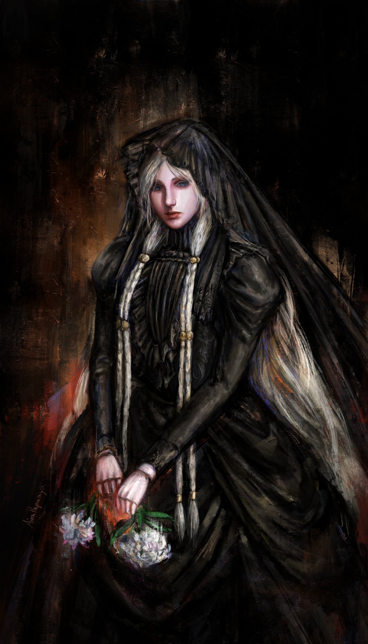 aira_papaaya, black_background, black_dress, black_veil, blue_eyes, braid, center_frills, collar, commentary, doll_joints, dress, elden_ring, elden_ring_nightreign, english_commentary, flower, frilled_collar, frilled_veil, frills, gothic_lolita, high_collar, highres, holding, holding_flower, joints, juliet_sleeves, lolita_fashion, long_sleeves, looking_at_viewer, low_twin_braids, official_alternate_costume, painterly, parted_bangs, puffy_sleeves, revenant_(elden_ring), signature, twin_braids, veil, white_hair
