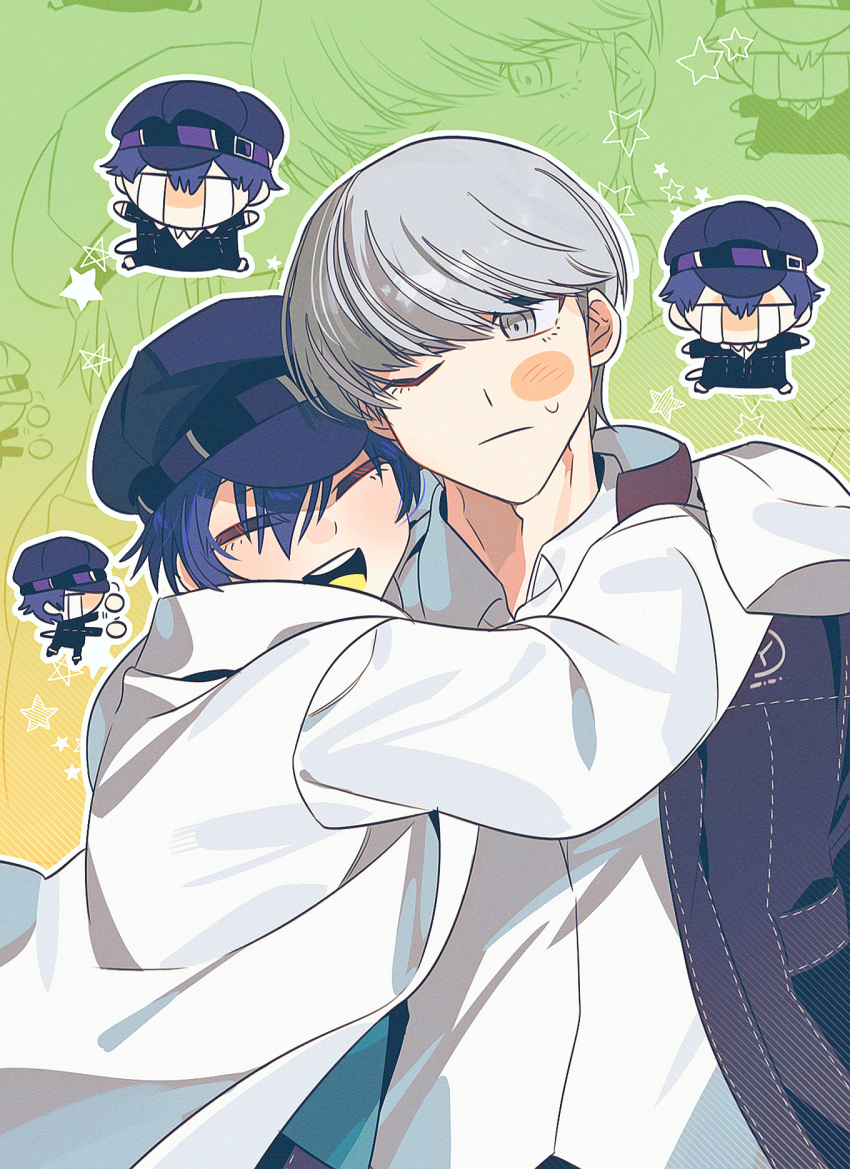 1boy, 1girl, blue_hair, commentary_request, grey_hair, happy, highres, hug