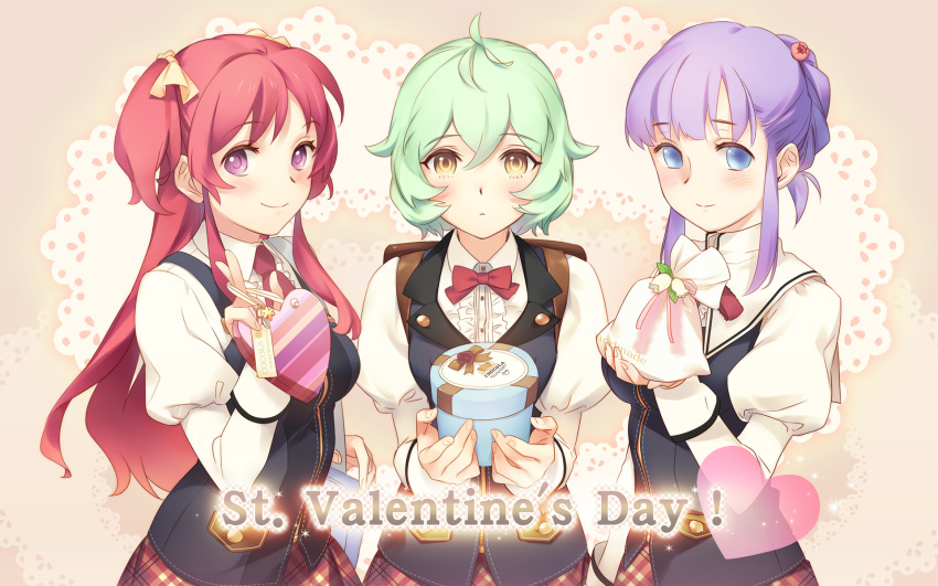 3girls, blue_eyes, green_hair, hair_bun, hair_ribbon, long_hair, pink_eyes, purple_hair, school_uniform, short_hair, skysphere, valentine, wallpaper, yellow_eyes