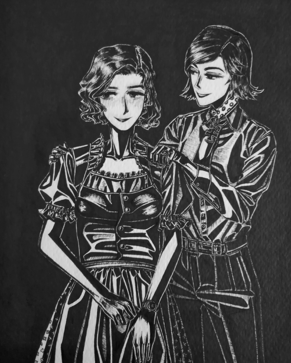 2girls, belt, belt_buckle, black_pants, bordfunker133, breasts, buckle, character_request, collarbone, collared_shirt, cross, curly_hair, dirndl, dress, dress_shirt, embarrassed, frilled_dress, frills, genderswap, genderswap_(mtf), german_clothes, greyscale, grin, hanne-lies_kuepper, hans-joachim_marseille, highres, iron_cross, leather_belt, looking_at_another, marseille-chan_(bordfunker133), medium_hair, monochrome, multiple_girls, narrowed_eyes, no_jacket, original, pants, puffy_short_sleeves, puffy_sleeves, real_life, scarf, shirt, short_sleeves, small_breasts, smile, soldier, watch, white_shirt, world_war_ii, yuri