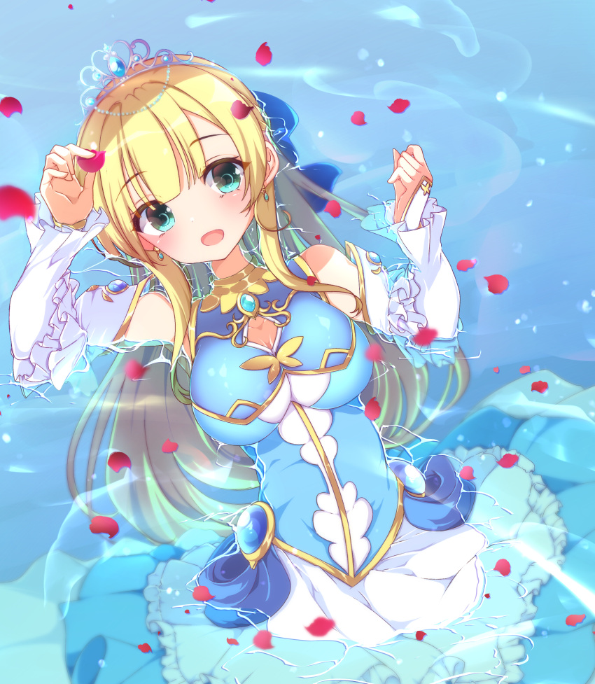 1girl, :d, absurdres, aqua_eyes, bare_shoulders, blonde_hair, blue_bow, blue_dress