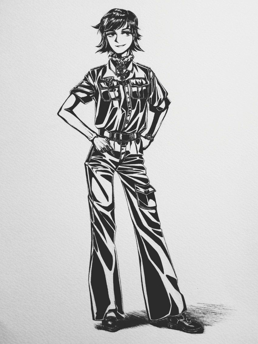 1girl, absurdres, boots, bordfunker133, breasts, cargo_pants, confident, cougar_pattern