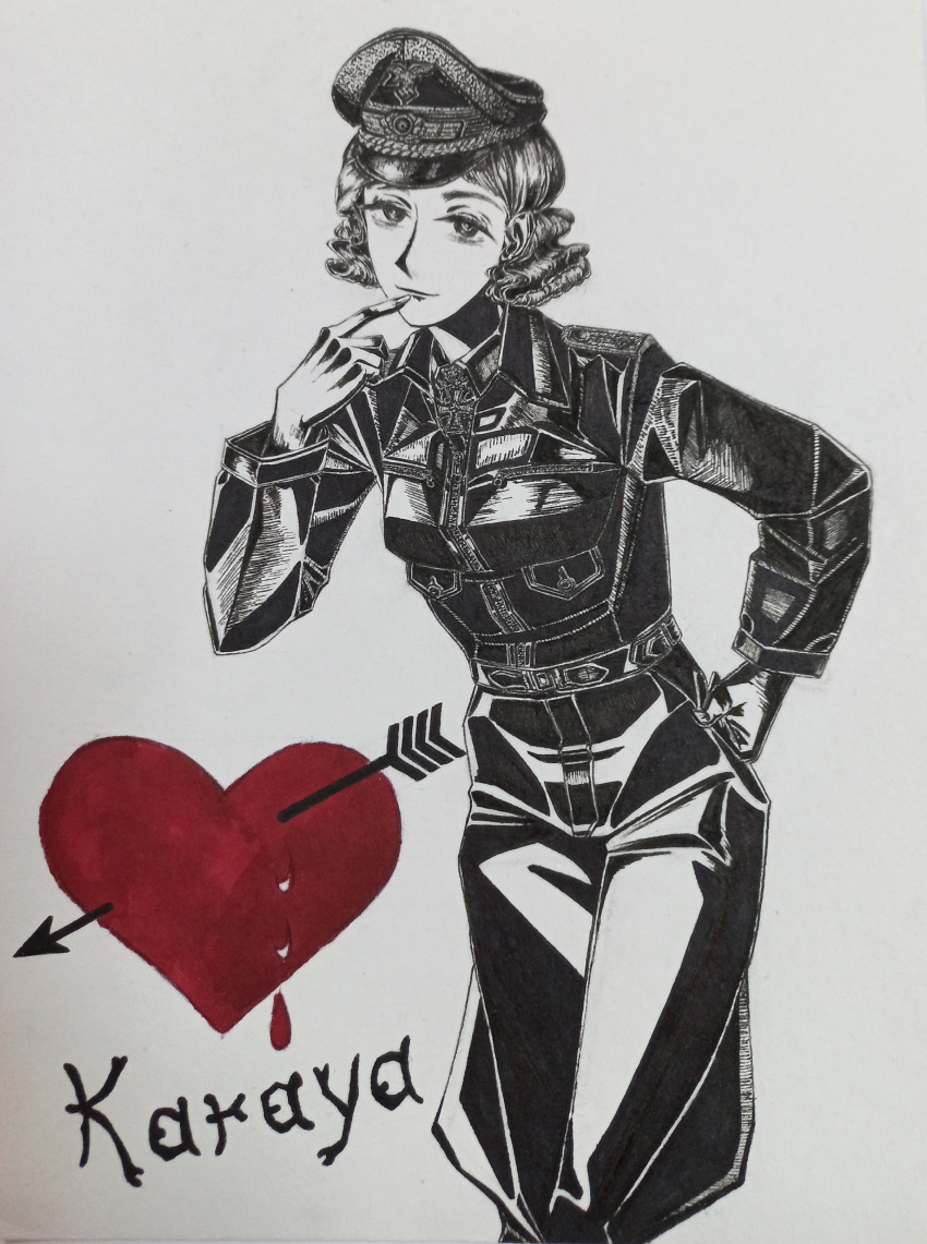 1girl, absurdres, belt, black_jacket, bordfunker133, collar_tabs, cross, curly_hair