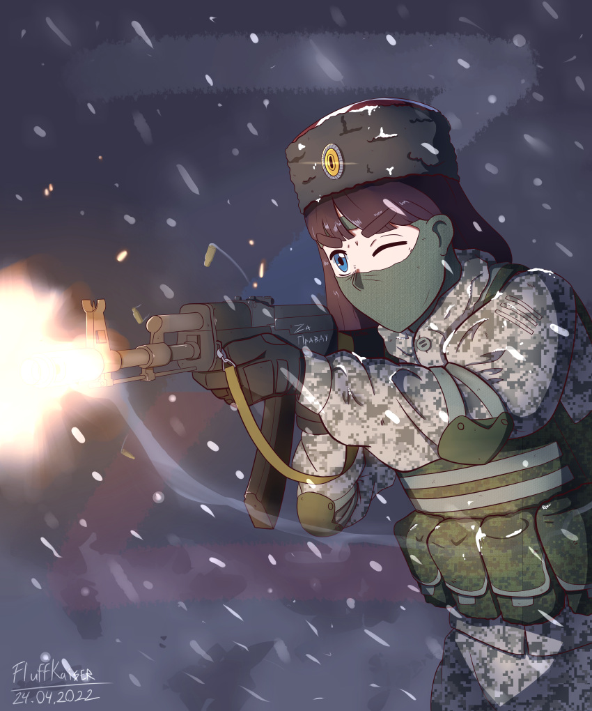 1girl, absurdres, assault_rifle, balaclava, blue_eyes, brown_hair, bulletproof_vest, camouflage, camouflage_jacket, camouflage_pants, chalk_writing, cossack, elbow_pads, firing, fluffkaiser, fur_hat, gloves, gun, gun_writing, hat, highres, holding, holding_gun, holding_weapon, jacket, kalashnikov_rifle, kubanka, long_hair, looking_ahead, military, one_eye_closed, original, pants, papakha, rifle, russia, russian_flag, russian_ground_forces, russo-ukrainian_war, signature, snow, snowing, solo, tactical_gloves, translated, weapon, winter_clothes, z_(russian_symbol)