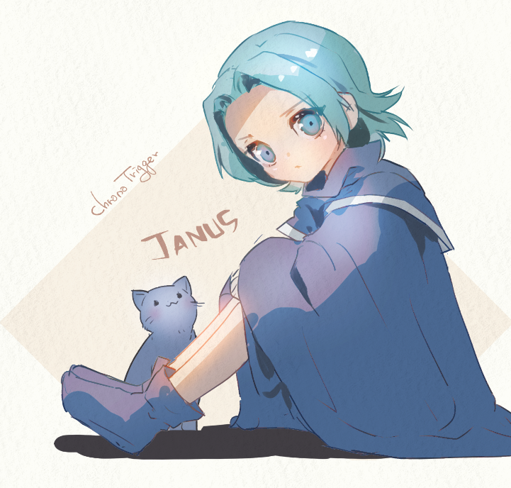 1boy, alfador, blue_eyes, blue_hair, cat, chrono_trigger, closed_mouth, commentary_request