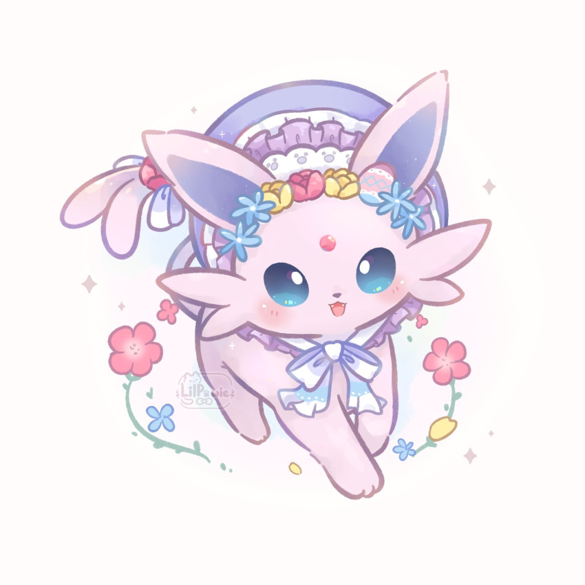 animal_focus, blue_eyes, blush, bonnet, commentary, english_commentary, espeon, espeon_(botanical_easter)