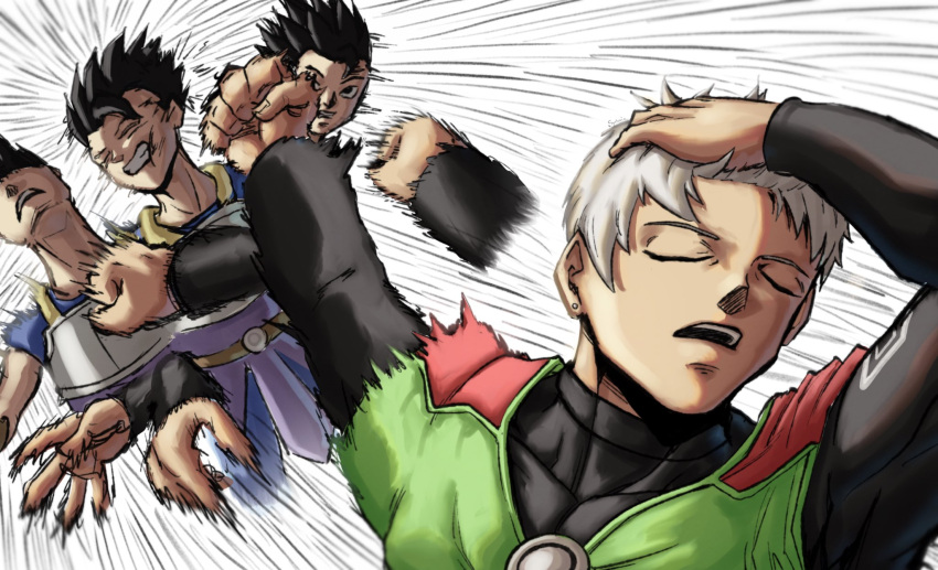 2boys, adjusting_hair, afterimage, armor, black_bodysuit, black_hair, bodysuit, cabba