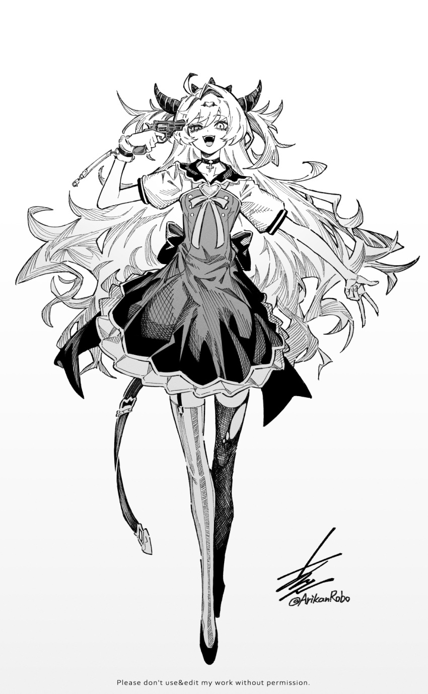 1girl, :d, arikanrobo, asymmetrical_legwear, choker, collared_dress, commentary_request, cross