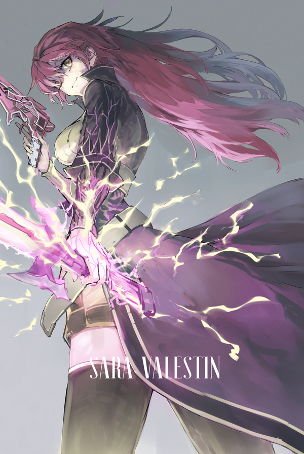 1girl, alternate_hairstyle, asymmetrical_dual_wielding, belt, black_thighhighs, breasts, character_name, closed_mouth, coat, cowboy_shot, dress, dual_wielding, eiyuu_densetsu, electricity, from_below, from_side, grey_background, grey_belt, gun, hair_down, handgun, holding, holding_gun, holding_sword, holding_weapon, irise_ryouji, long_hair, long_sleeves, looking_at_viewer, medium_breasts, purple_coat, purple_hair, ribbed_dress, sara_valestein, sen_no_kiseki_(series), short_dress, simple_background, smile, solo, standing, sword, thigh-highs, typo, weapon, yellow_dress, yellow_eyes, zettai_ryouiki