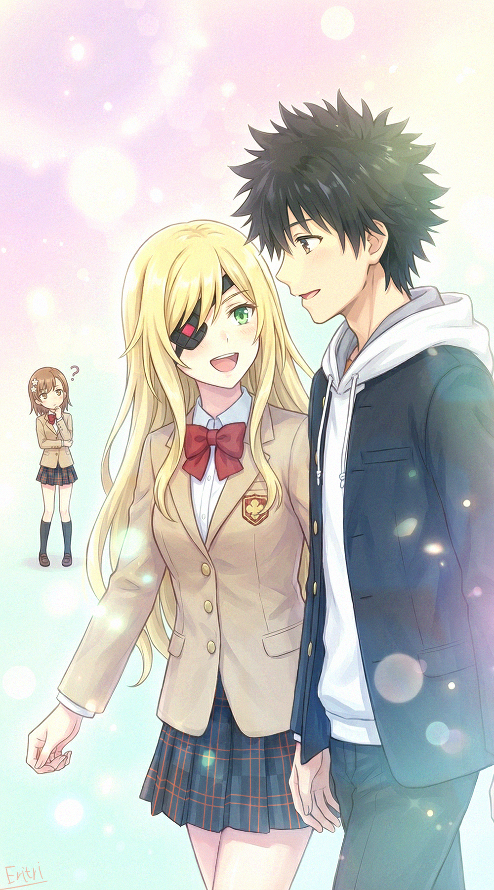 1boy, 1girl, 2girls, ?, a_certain_high_school_uniform, black_hair, black_pants, black_socks