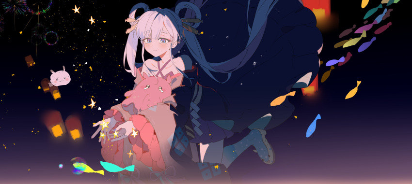 1girl, absurdres, bare_shoulders, black_kimono, blue_eyes, blush, cho_kaguya-hime!, closed_mouth