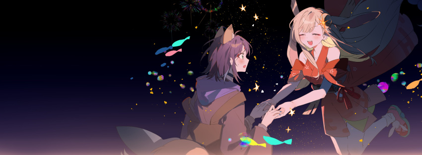 2girls, absurdres, animal_ear_fluff, animal_ears, blonde_hair, blue_hoodie, blue_nails, blush