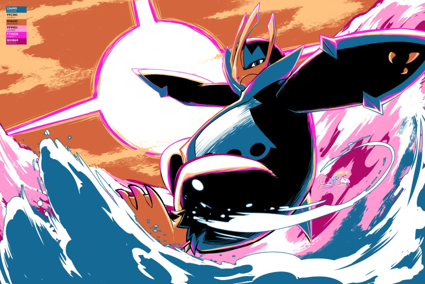 beak, bird, blue_eyes, claws, colorbrews, empoleon, highres, orange_sky