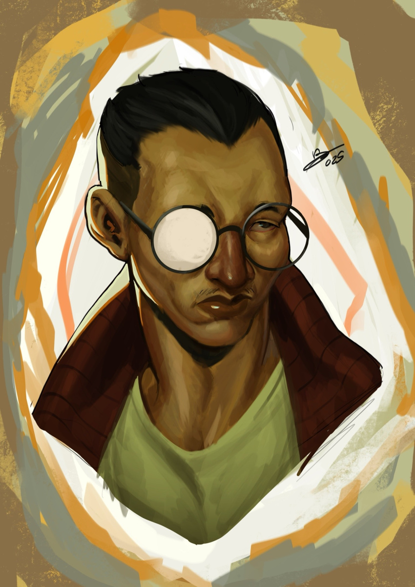 1boy, aegyo_sal, black_eyes, black_hair, buzz_cut, commentary, cropped_shoulders, disco_elysium