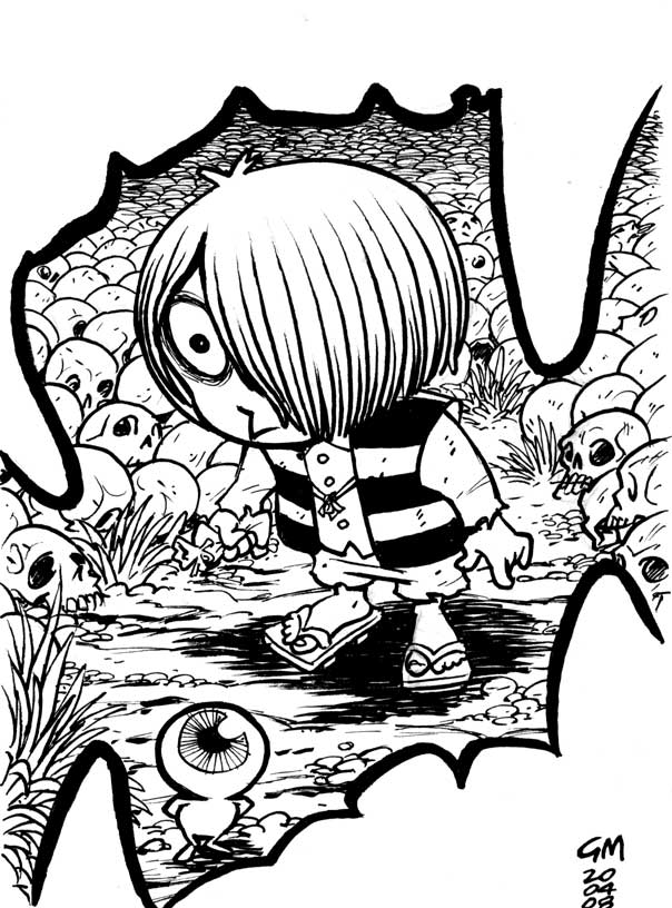 2020, 2boys, :>, commentary, dated, english_commentary, eyeball, father_and_son, full_body, gegege_no_kitarou, geta, gianmac, greyscale, hair_over_one_eye, holding, kitarou, long_sleeves, looking_at_viewer, male_focus, medama_oyaji, monochrome, multiple_boys, pile_of_skulls, pov, sharp_teeth, short_hair, shorts, skull, striped_clothes, striped_vest, teeth, too_many_skulls, vest