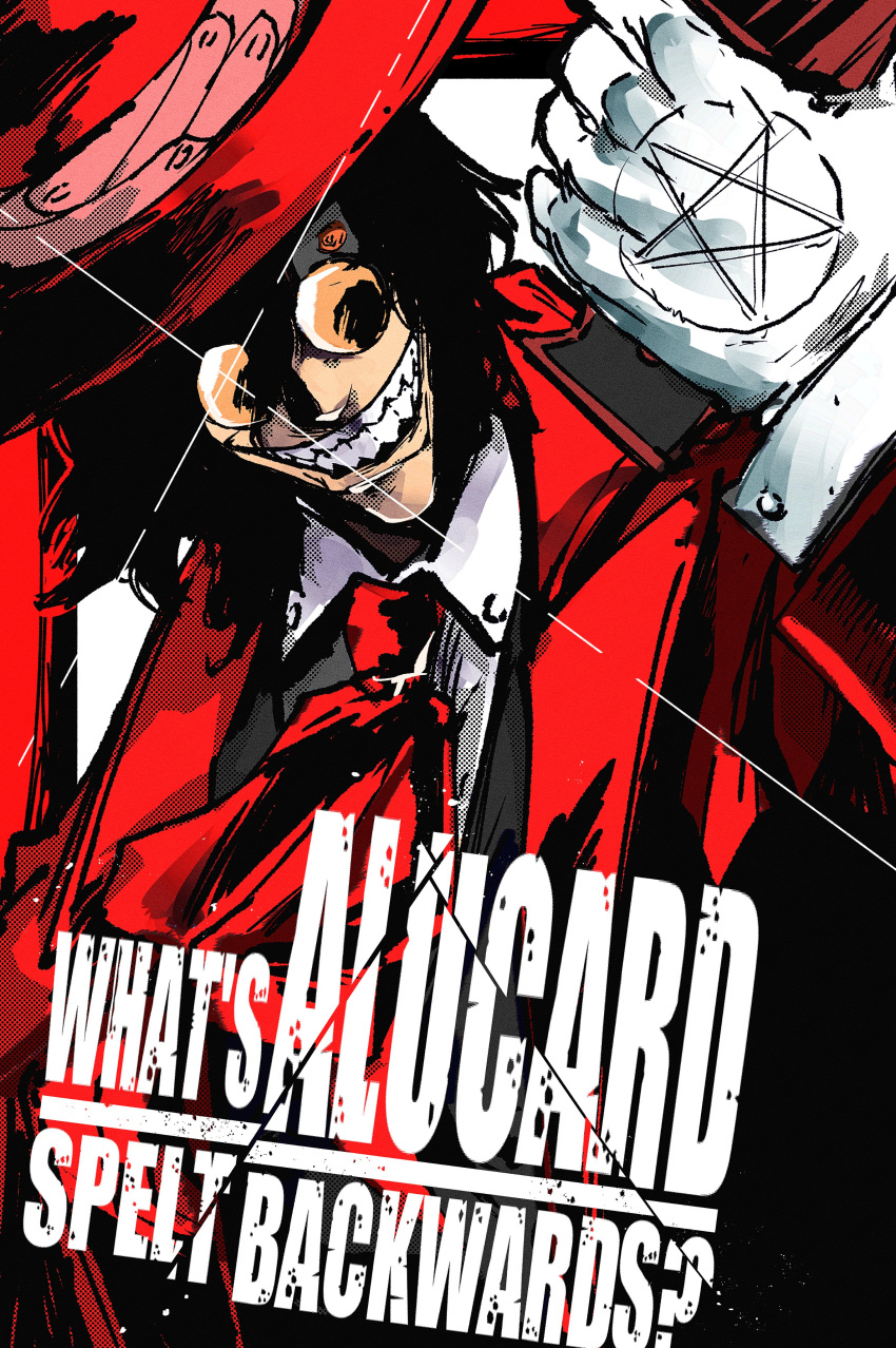 1boy, absurdres, alucard_(hellsing), ascot, black_hair, bonesaw_(rdkshinku), character_name, coat
