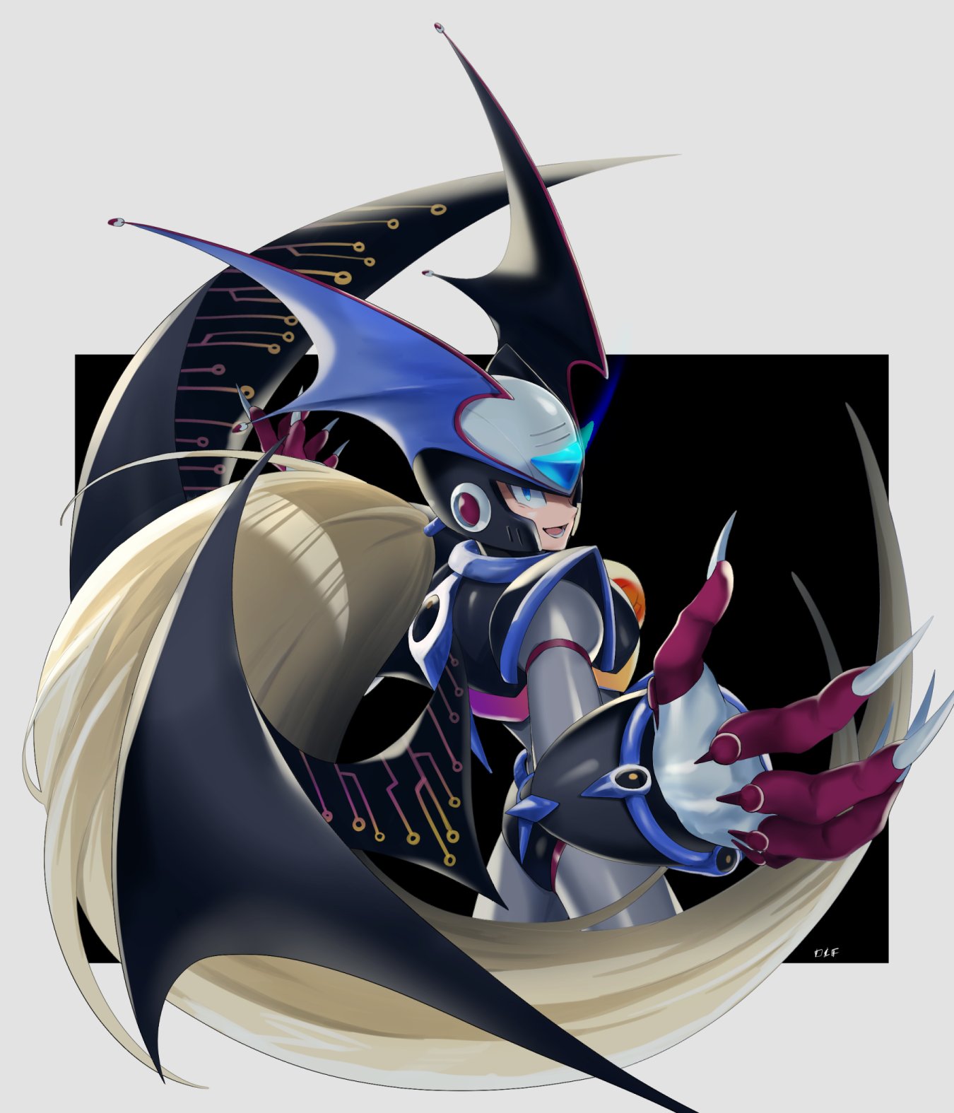 1boy, absolute_zero_(mega_man), armor, bat_wings, black_armor, black_helmet, black_wings, blonde_hair