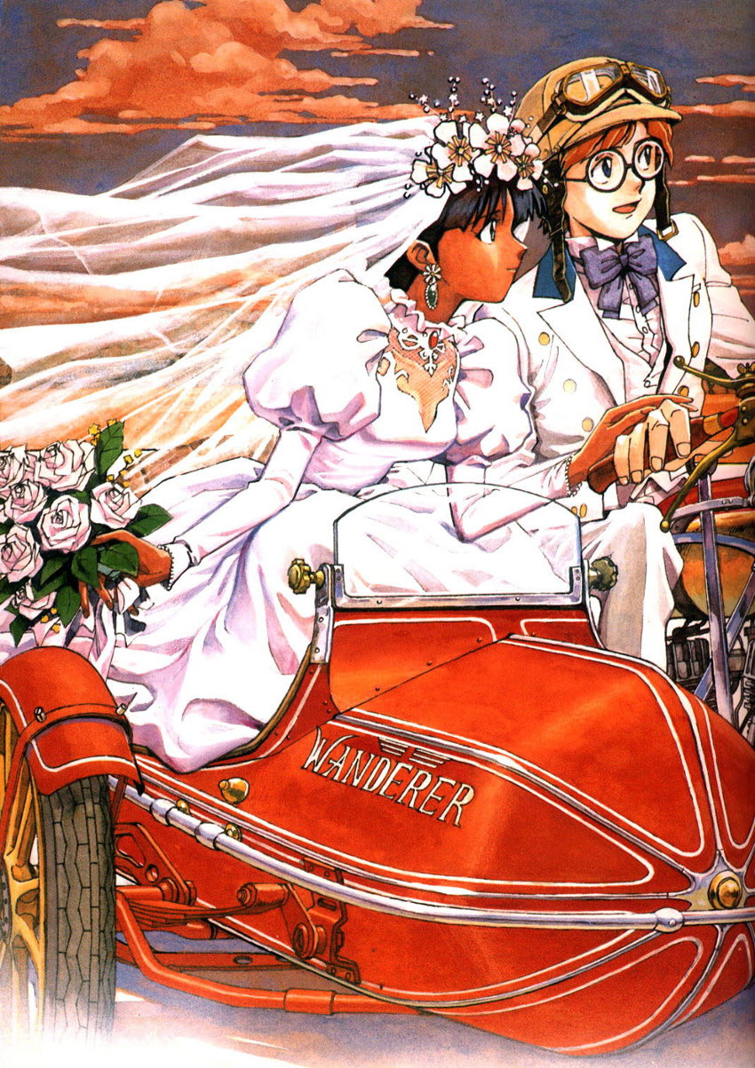 blue_eyes, bride, dark_skin, dress, earrings, fushigi_no_umi_no_nadia, glasses, highres, jean_coq_de_raltigue, jean_roque_raltique, jewelry, motorcycle, nadia, sadamoto_yoshiyuki, scan, wedding, wedding_dress