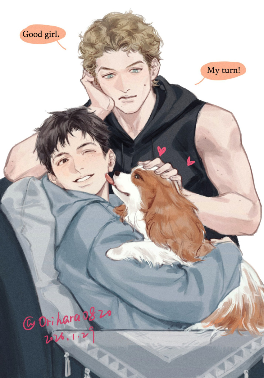 2boys, black_eyes, black_hair, blonde_hair, commentary_request, dog, heated_rivalry, highres