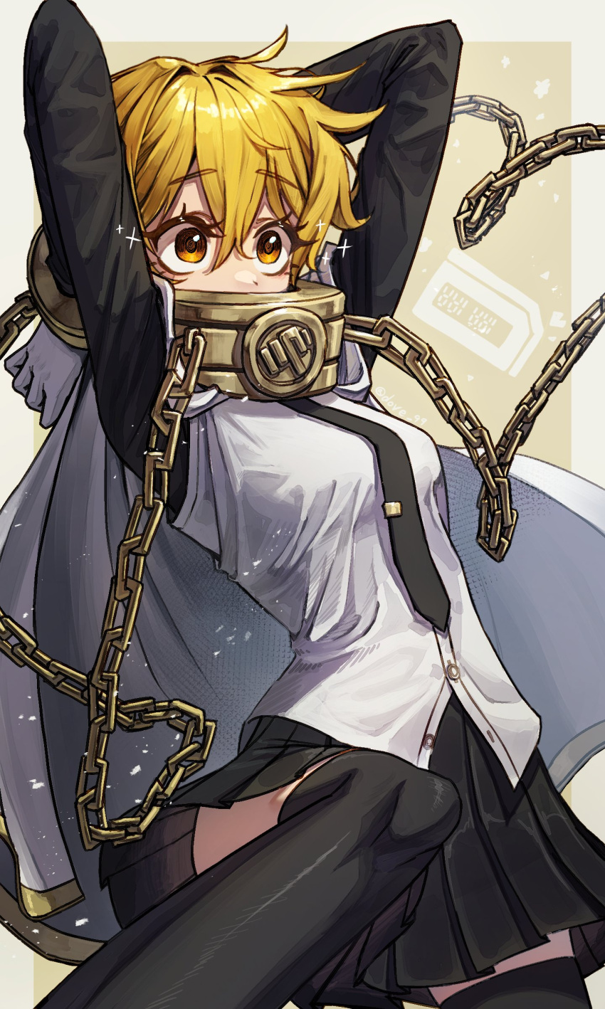1girl, 99dulgi, absurdres, arms_behind_head, black_necktie, black_skirt, black_thighhighs, blonde_hair