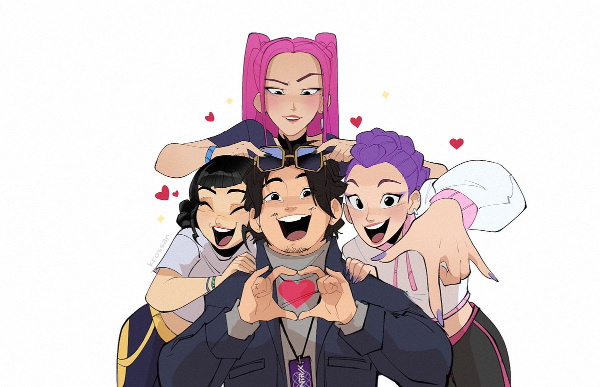 1boy, 3girls, ^_^, artist_name, black_hair, bobby_(kpop_demon_hunters), braid, braided_ponytail