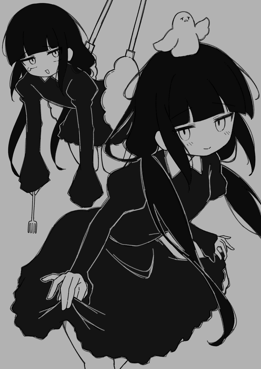 1girl, animal_on_head, bird, bird_on_head, blunt_bangs, blush, commentary_request, curtsey