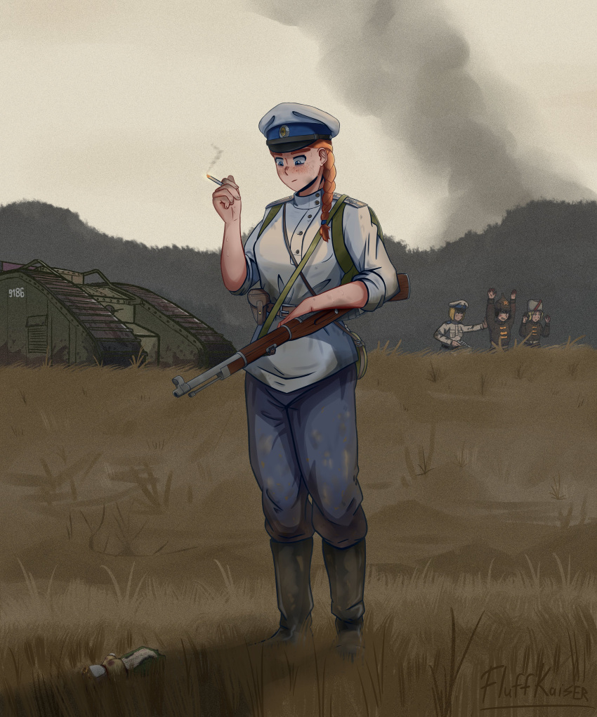 4girls, absurdres, belt, black_boots, bolt_action, boots, braid, broken_window, burning, burning_building, closed_mouth, colored_skin, commentary, dirty, dirty_clothes, dirty_face, english_commentary, field, fire, fluffkaiser, forest, freckles, gun, hat, highres, indoors, jacket, looking_at_another, looking_at_object, mark_v_tank, messy_hair, military, military_hat, military_uniform, military_vehicle, mosin-nagant, motor_vehicle, multiple_girls, nagant_m1895, nature, original, red_hair, revolver, rifle, russia, russian_civil_war, russian_clothes, russian_ground_forces, serious, smoke, smoking, soviet_army, strap, tank, turretless_tank, twitter_username, weapon, white_army, white_hat, white_jacket, white_skin, window