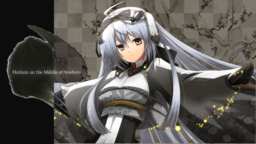 ahoge, bad_id, brown_eyes, gloves, headdress, highres, horizon_ariadust, kyoukai_senjou_no_horizon, long_hair, outstretched_arms, silver_hair, solo, spread_arms, title_drop, udeita, wallpaper