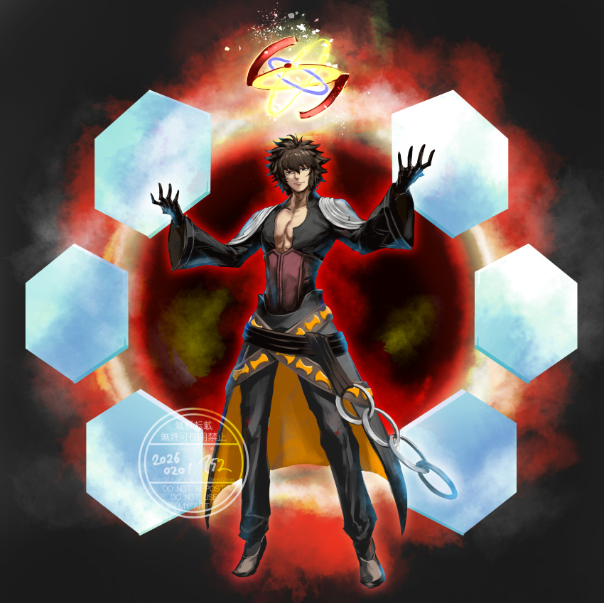 152_in_can, 1boy, archimedes_(fate), belt, black_belt, black_pants, blue_eyes, brown_eyes