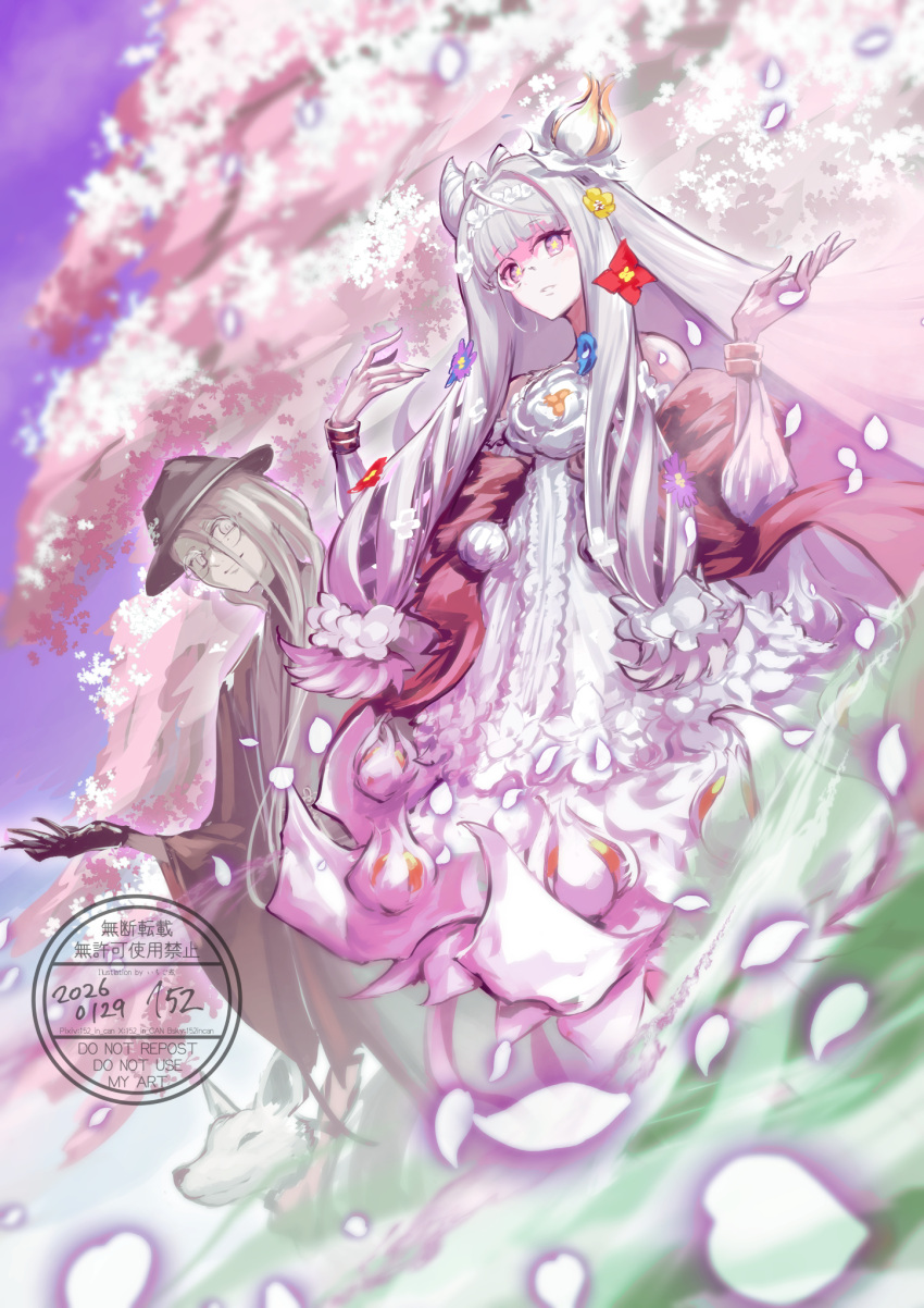 152_in_can, 1boy, 1girl, animal, bandana, bandana_around_neck, black_gloves, black_haori, blue_flower, brown_haori, chaldean_floralia, cherry_blossoms, clothed_animal, commentary_request, cone_hair_bun, dog, dress, fate/grand_order, fate_(series), fedora, flora_(fate), flower, flower-shaped_pupils, glasses, gloves, green_eyes, grey_eyes, grey_hair, grey_kimono, hair_between_eyes, hair_bun, hair_flower, hair_ornament, hanasaka_no_okina_(fate), haori, haori_himo, hat, hat_flower, highres, japanese_clothes, kimono, long_hair, long_hair_between_eyes, long_sidelocks, low_ponytail, mole, mole_under_eye, monocle, petals, pink_bandana, pink_eyes, pink_petals, ponytail, purple_flower, red_flower, round_eyewear, scarf, shirt_under_kimono, sidelocks, single_sidelock, smile, symbol-shaped_pupils, white_dog, white_dress, white_hair, yellow_flower