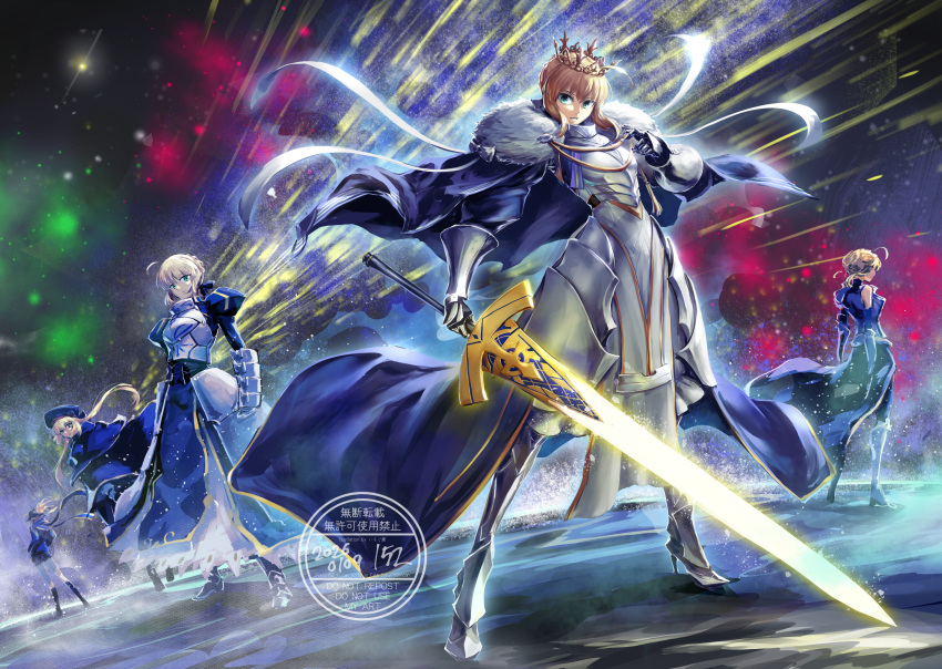 152_in_can, 5girls, ahoge, armor, armored_dress, artoria_caster_(fate), artoria_caster_(second_ascension)_(fate), artoria_pendragon_(fate)