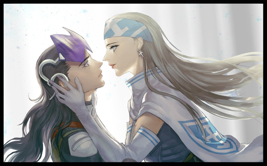 1boy, 1girl, aleph_(megami_tensei), armor, beth_(megami_tensei), black_border, black_hair, black_shirt
