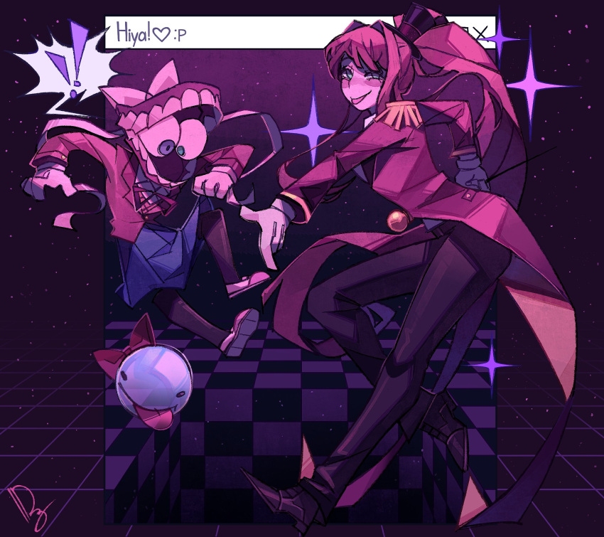 !, !!, :p, alternate_costume, black_background, black_pants, blue_skirt, bow