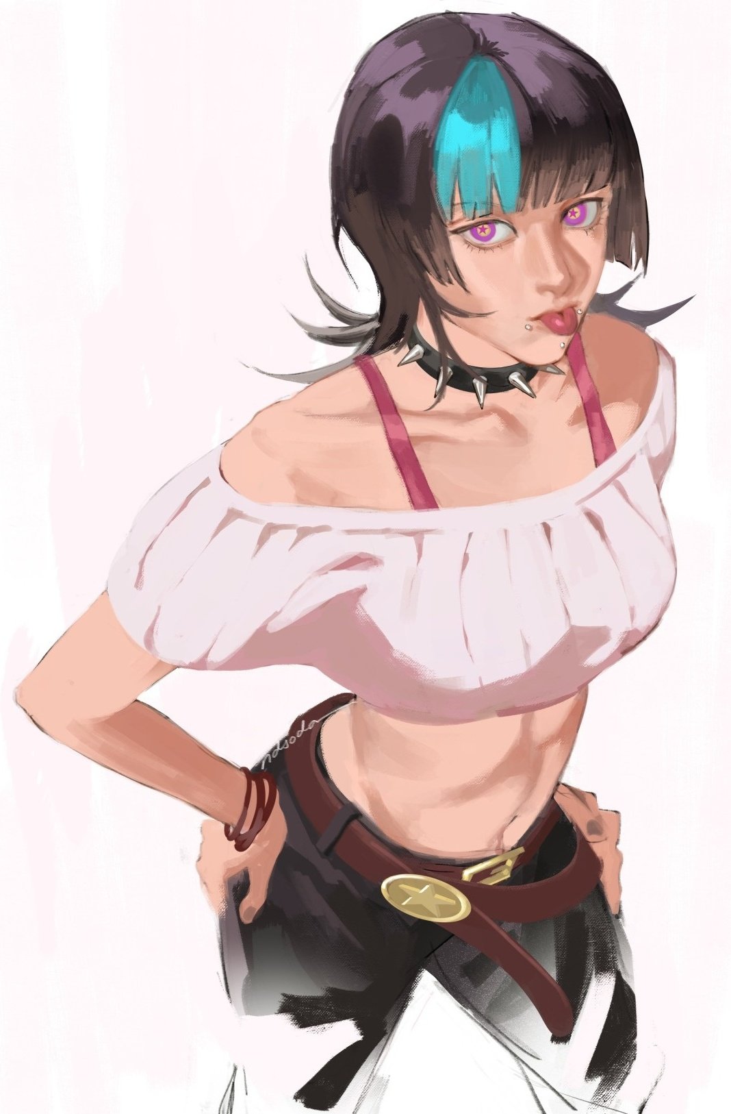 1girl, belt, black_hair, bra_strap, bracelet, brown_belt, cheek_piercing, chin_piercing