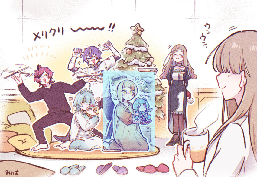 2boys, 4girls, aisuu_(voisona), blue_hair, brown_hair, chis-a, commentary_request, green_eyes