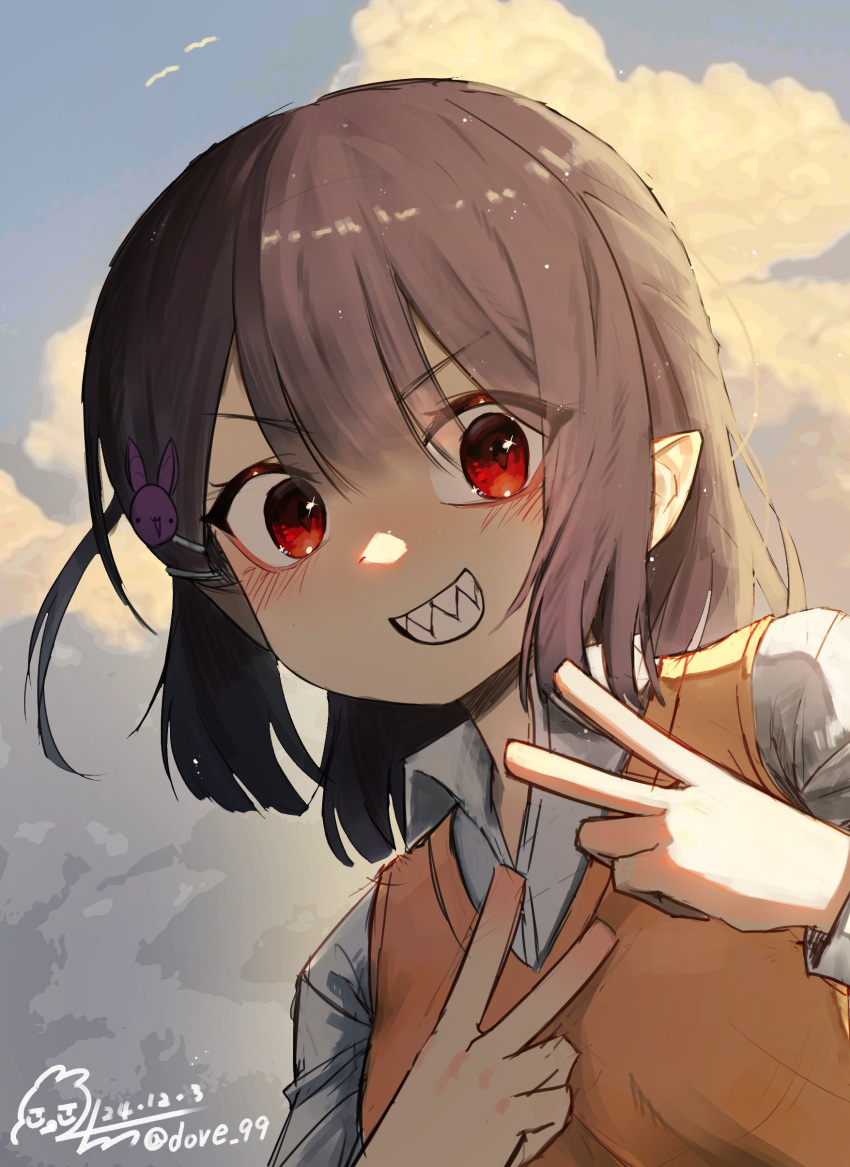 1girl, 99dulgi, absurdres, blue_sky, blush, brown_hair, character_request, clouds